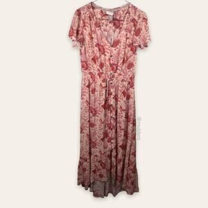 Knox Rose Short Sleeve Long Pink & Red Floral Button Front Prairie Boho Dress
